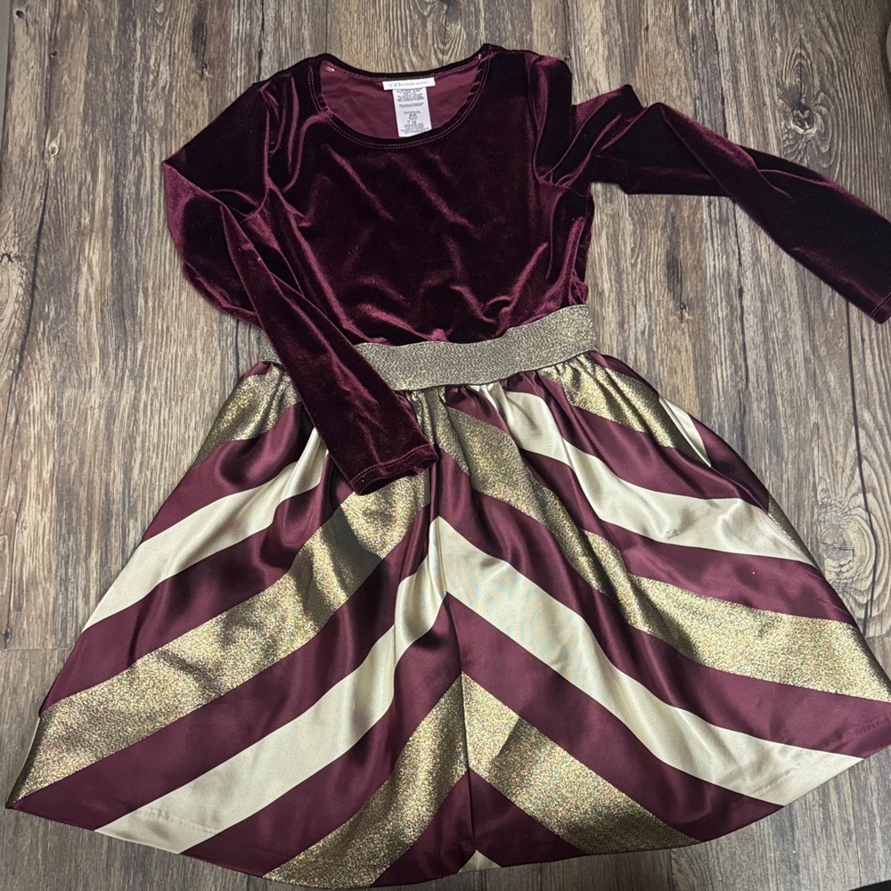 Bonnie Jean Velvet Burgundy and Gold Striped Dress